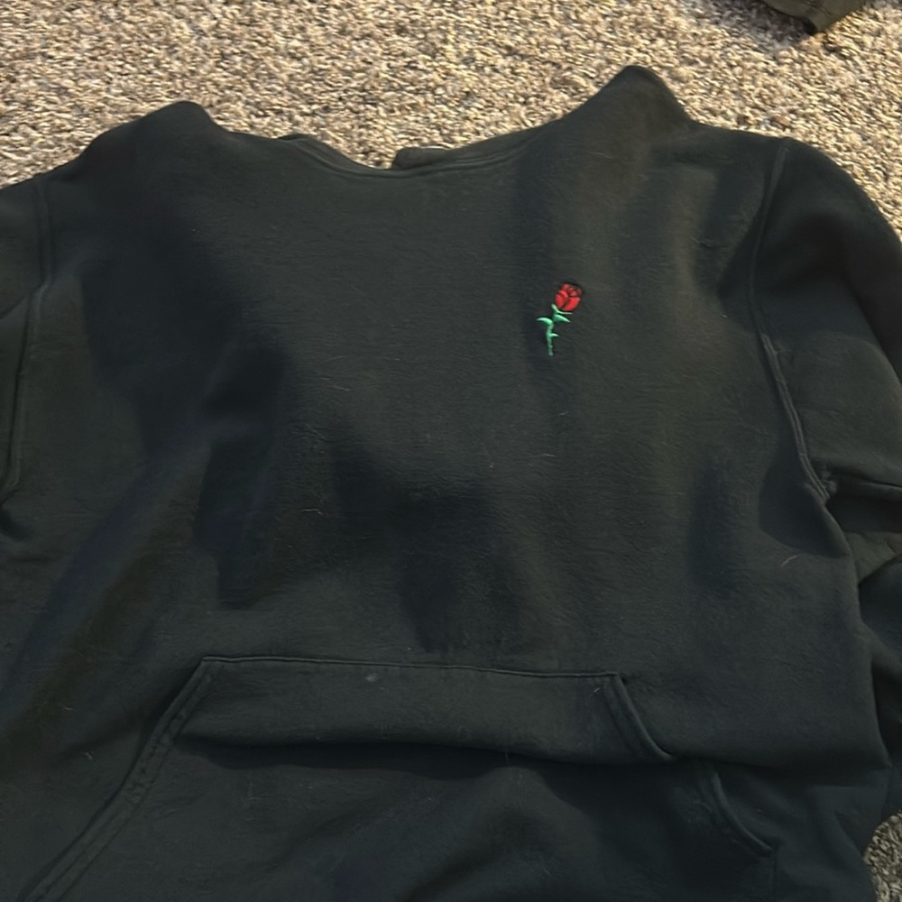 black hoodie with small rose, balrey worn